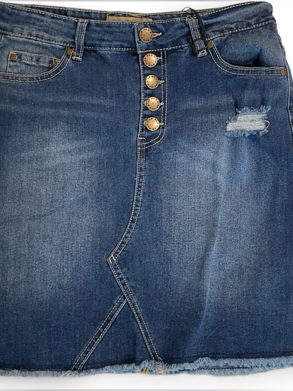 Red Star Button-Front Medium Blue Distressed Denim Mini Skirt Size 2